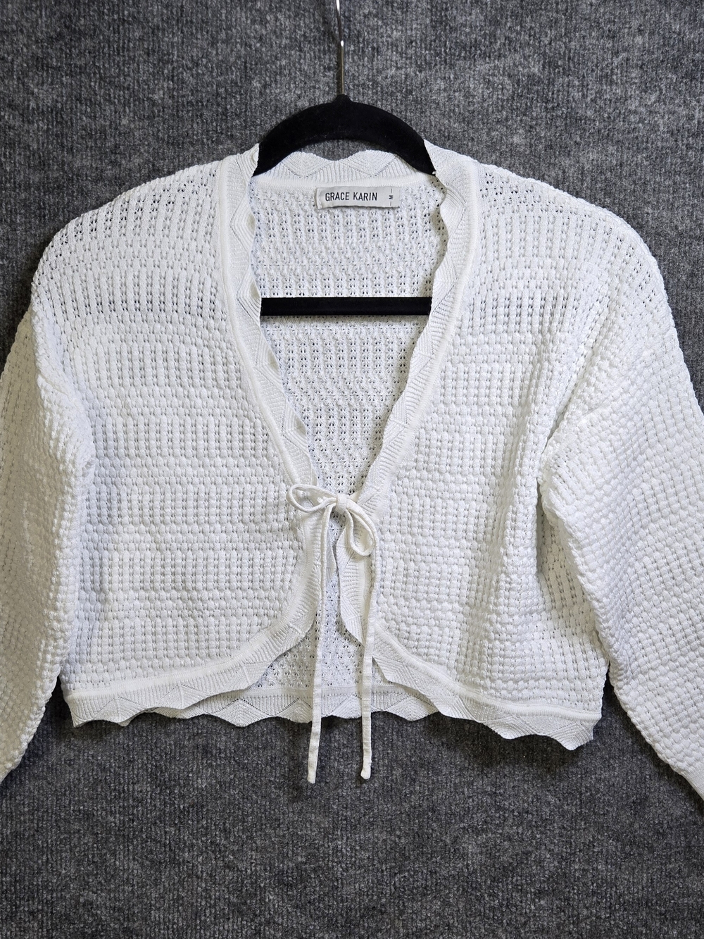 Grace Karin Shrug Womens M White Open Stitch Cropped Tie Front Cardigan